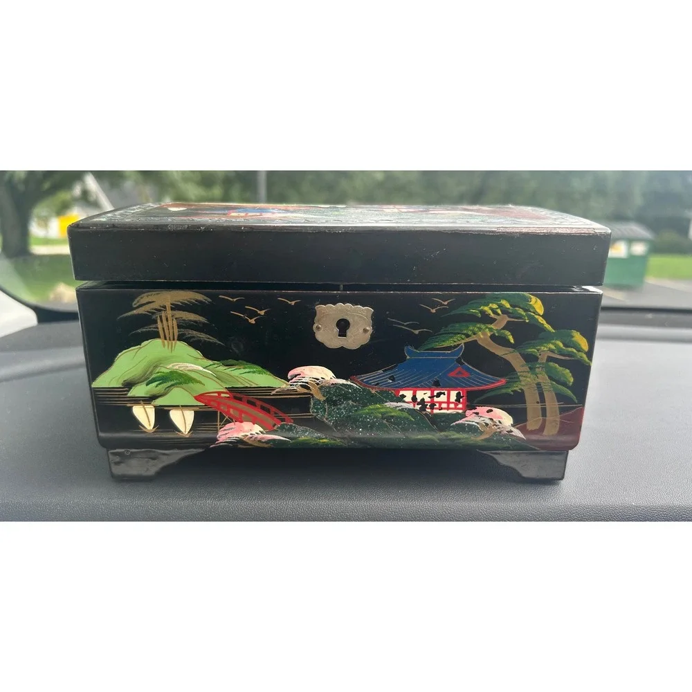 Vintage Japanese Lacquer Jewelry Box Abalone Inlay Mt Fuji Pagoda Black Blue